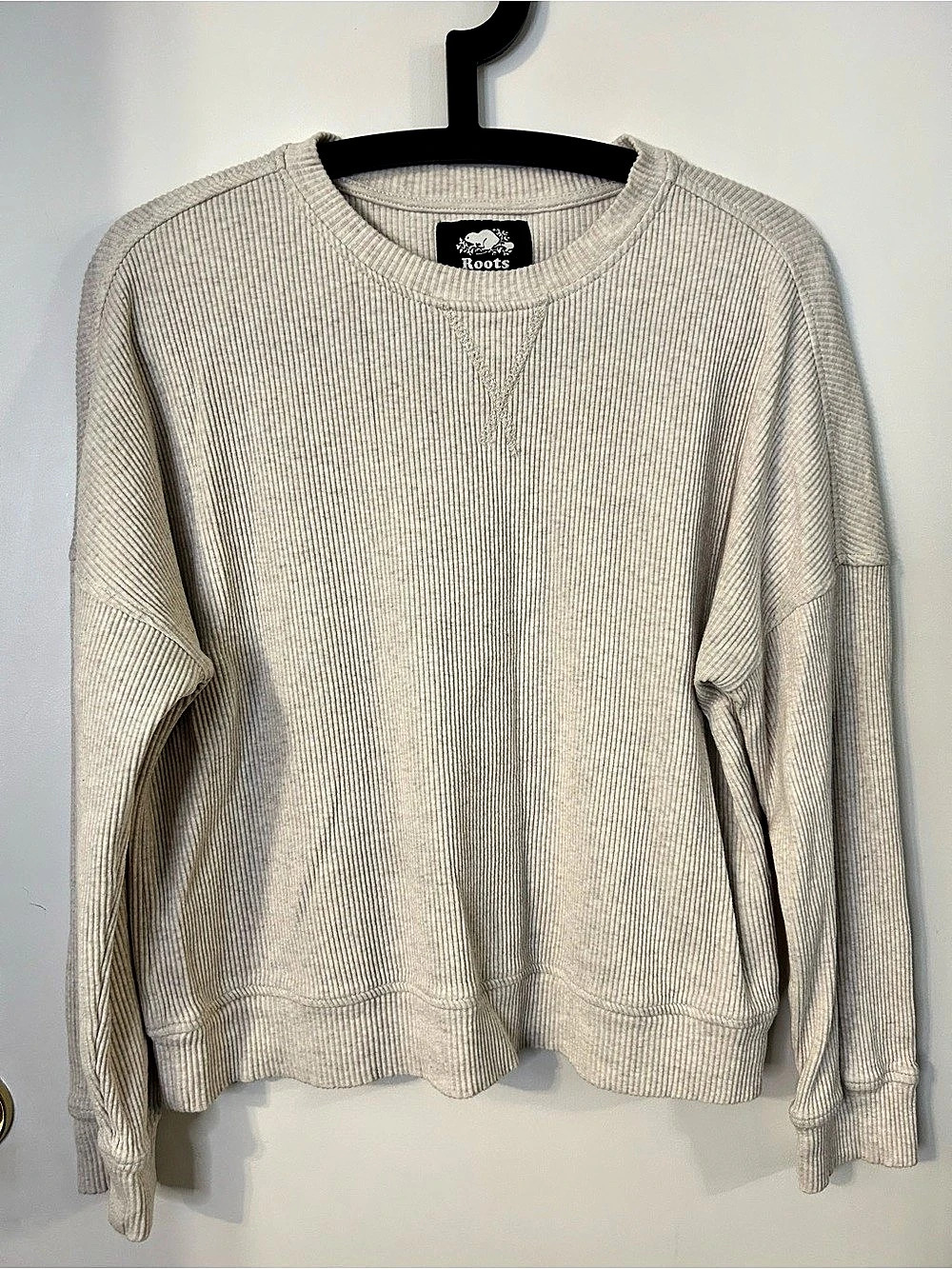 Roots Women’s Ribbed Crewneck Sweater in Cream/Oatmeal.
